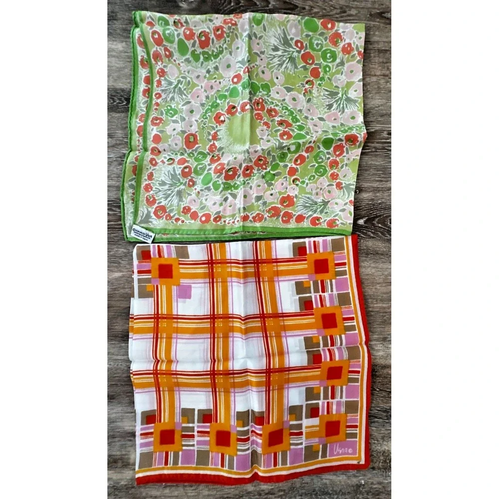 Vtg Vera Scarf Set 2 Green Pink Orange Geometric Floral Silk Rayon Blend Japan